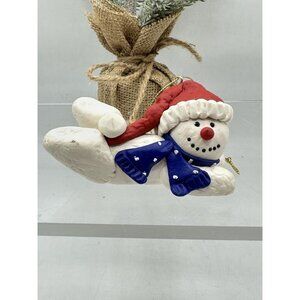 Christmas Snowman Lying Down Clay Art Ornament Red Santa Hat Blue Scarf Polka